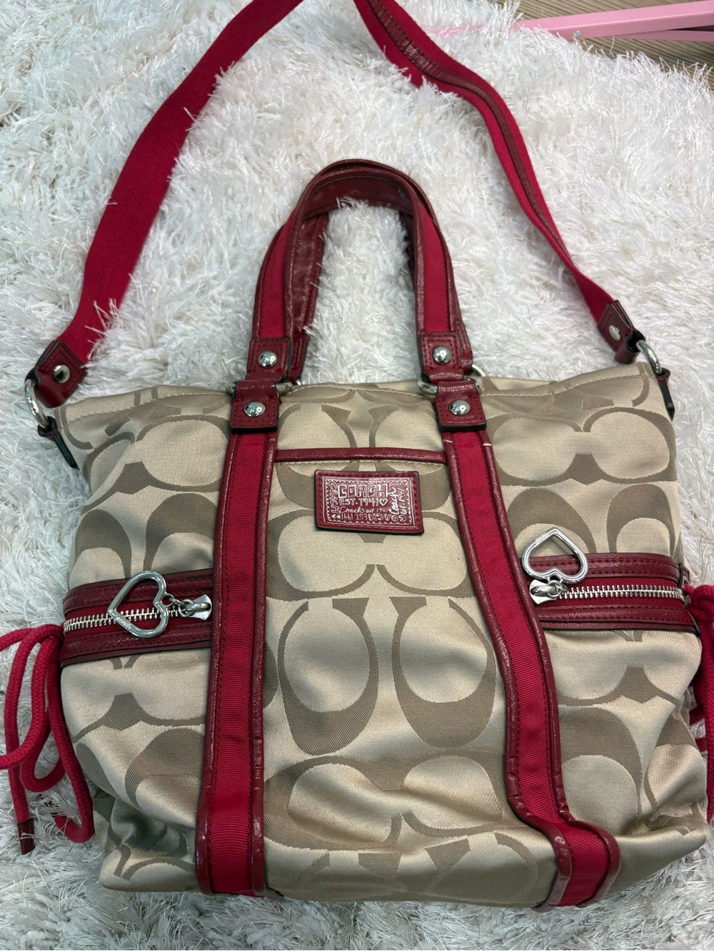 Coach Beige Signature Shoulder Bag with hot pink Trim